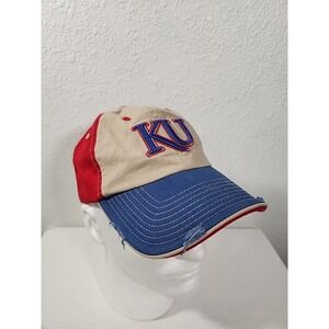 Captivating Headgear Kansas Jayhawks KU Tri-Color  Strapback Hat Distressed Look